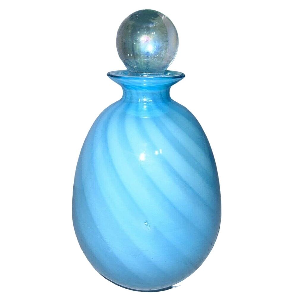Rare HTF I. Rice Aqua Blue Swirl Glass Perfume Bottle w/ Stopper 1990s Vintage
